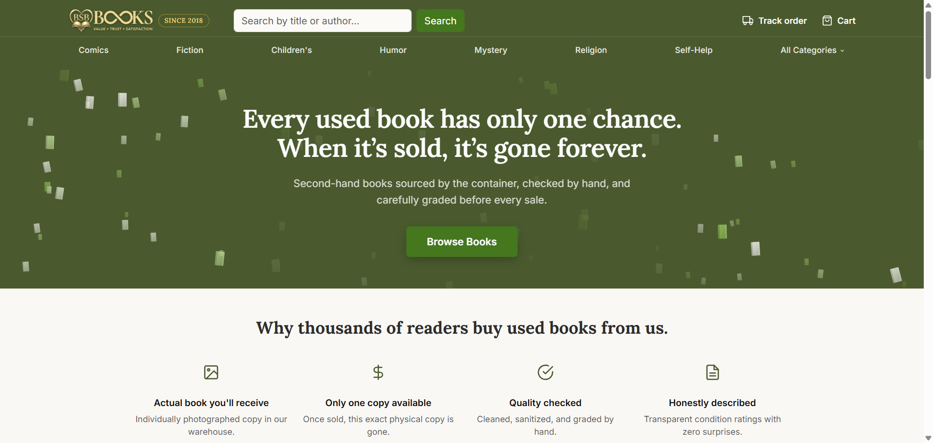 BuySecondHandBook live homepage showing hero headline, curated secondhand book catalog, and SINCE 2018 heritage mark
