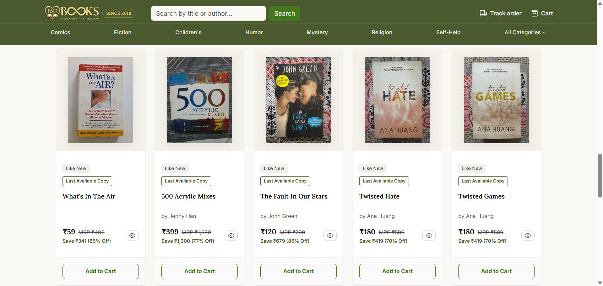 BuySecondHandBook live product grid showing genuine 'Last Available Copy' stock badge