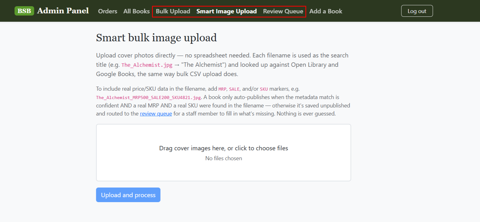 BuySecondHandBook Smart Bulk Upload admin interface